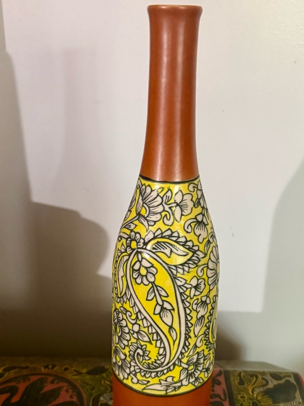 Hand-Painted Ceramic Surahi Vase - Bright Yellow & Terracotta Bottle Vase - 14"